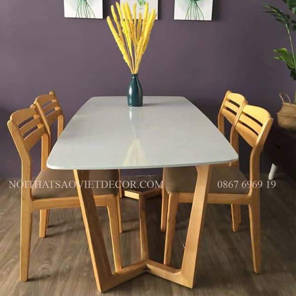 Bộ bàn ăn mặt đá 4 ghế 3 lá gỗ sồi BA14