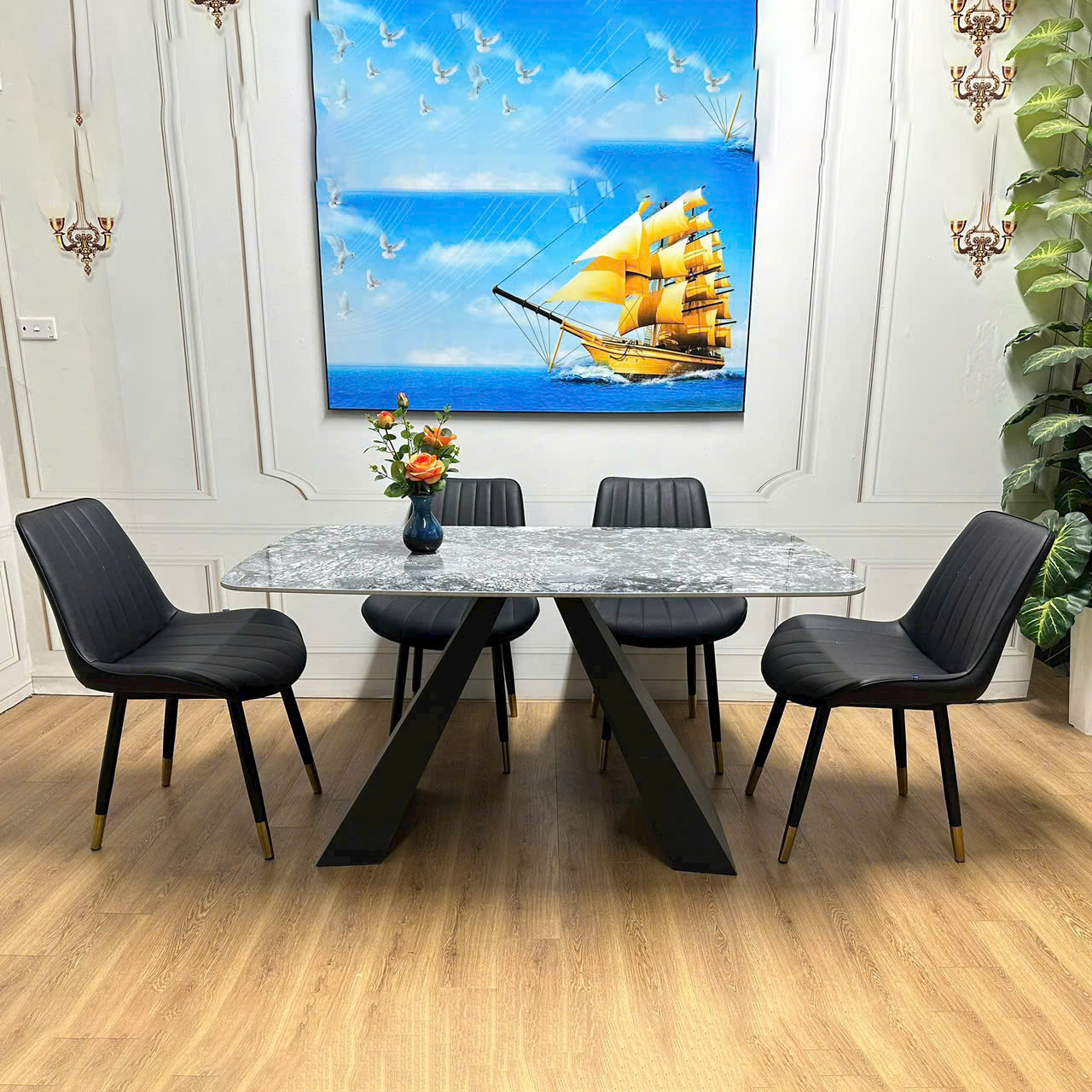 Bàn ăn 1m2 4 ghế Loft sọc BA61
