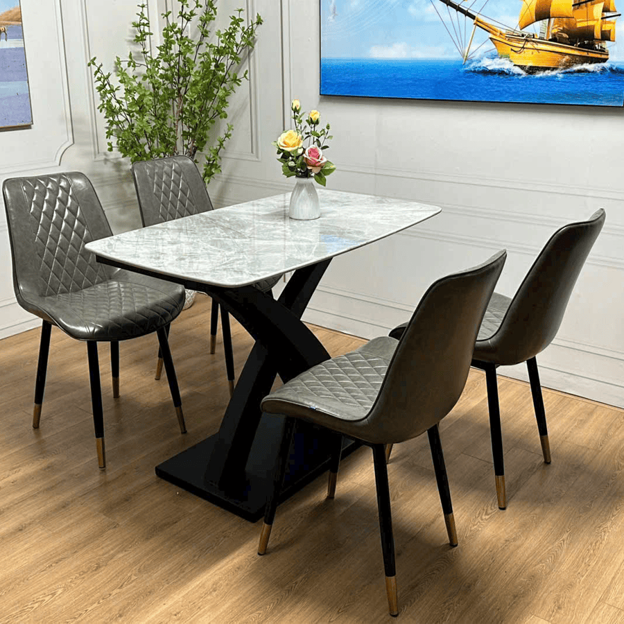 Bàn ăn chân X cong 4 ghế Loft Trám BA73 – Mặt đá Ceramic