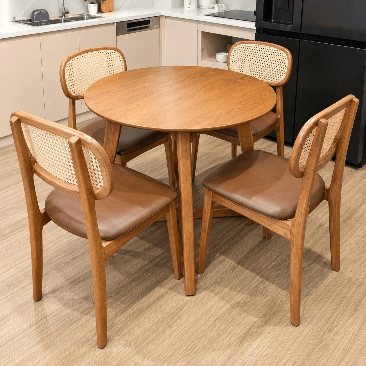 Bàn ăn tròn chân M 4 ghế tựa mây BA106