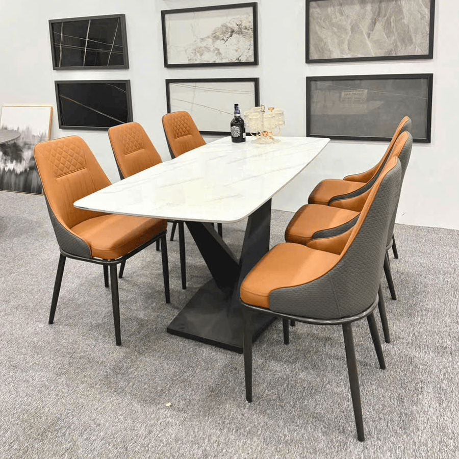 Bàn ăn chân X 1m6 6 ghế Loft Trám BA178 – Mặt đá Ceramic hiện đại