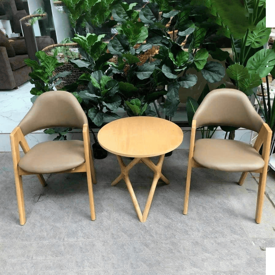 Bàn Ghế Cafe BA199 – Bàn Tròn Chân Sao 2 Ghế Chữ A Gỗ Cao Su